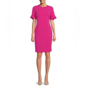 Calvin Klein Women's Ruffle Short Sleeve Scuba Crepe Dress Pink sz 2 Gold Zipper